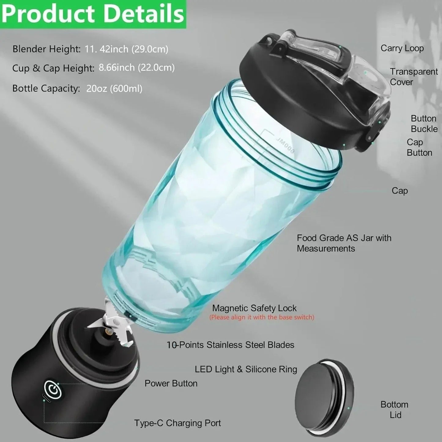 Tragbarer Mixer mit 10-Klingen – 600ml, 4000mAh Akku, Leistungsstark & Kabellos
